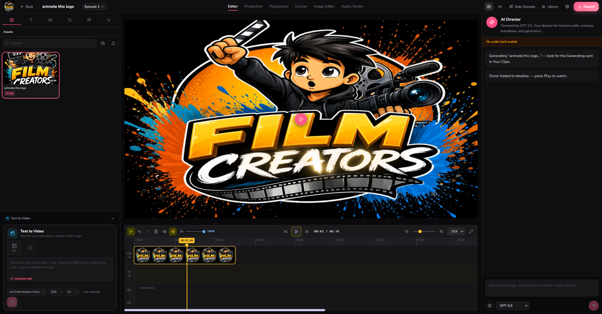 Film Creator app: chat with AI Director to build scenes on a timeline